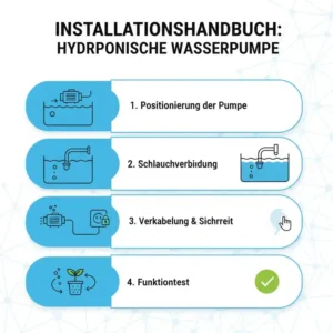 Step-by-step diagram for setting up equipment as part of a hydroponik wasserpumpe test in a DWC system.