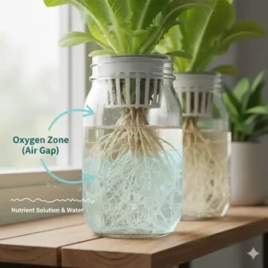 Illustration der Sauerstoffzone im kratky hydroponik system, die WurzelfÀule verhindert.