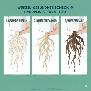 Untersuchung der Wurzelgesundheit und Nährstoffaufnahme in einem Hydroponik Turm System Test.