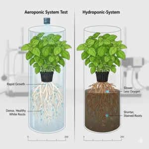 Vergleich der Wurzelentwicklung bei einem aeroponik system test gegenüber herkömmlichen Methoden.