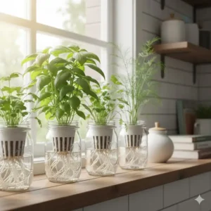 Frische KrÀuter und Basilikum, die mit dem kratky hydroponik system auf einer Fensterbank wachsen.