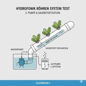 Übersicht aller wichtigen Komponenten für einen hydroponik röhren system test.