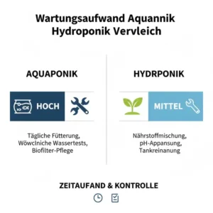 Infografik über den täglichen Wartungsaufwand im aquaponik vs hydroponik vergleich.