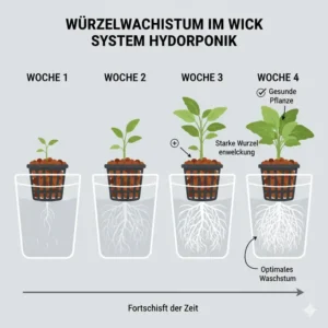 Sichtbares Wurzelwachstum der Pflanzen während eines wick system hydroponik test.