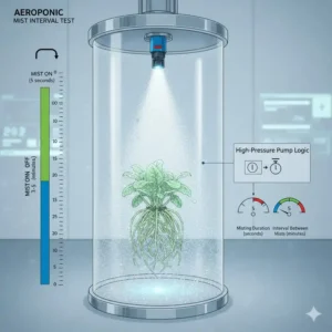 Infografik zur Intervallsteuerung und Benebelungszeit im aeroponik system test.