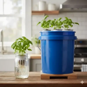 Vergleich zwischen verschiedenen BehĂ€ltern fĂŒr das kratky hydroponik system wie GlĂ€ser und Eimer.