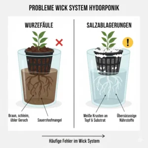 Analyse von häufigen Fehlern und Problemen beim wick system hydroponik test.