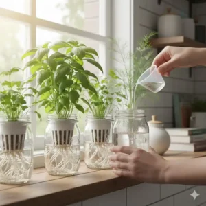 Eine Person kontrolliert den NĂ€hrstoffgehalt und Wasserstand in einem kratky hydroponik system.