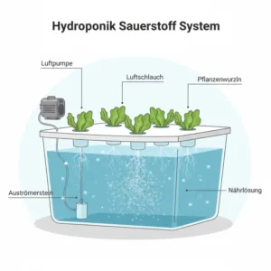 Eine schematische Darstellung für den hydroponik sauerstoffsystem test mit Luftpumpe und Ausströmerstein.