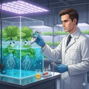 Messung des pH-Werts während eines hydroponik tank test für optimale Nährstoffaufnahme.