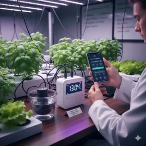 Ein moderner hydroponik timer test mit App-Steuerung und WLAN-Verbindung für das Smart Home.