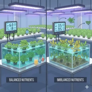 Ein hydroponik tank test Vergleich zwischen ausgewogenen und mangelhaften Nährstofflösungen.