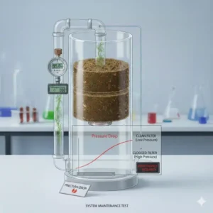 Druckabfall-Analyse in einem hydroponik filter system test zur Ermittlung von Wartungsintervallen.
