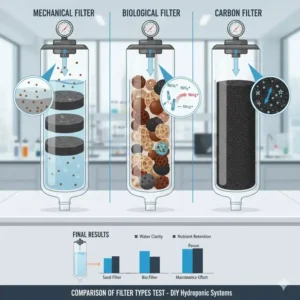Vergleich verschiedener Filtertypen (Sand, Bio, Kohle) in einem hydroponik filter system test.