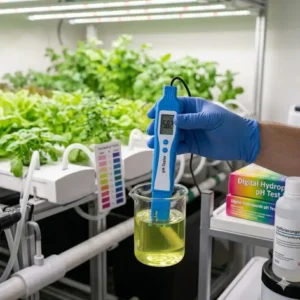 Adding indicator drops to a sample in a hydroponik ph test kit test.
