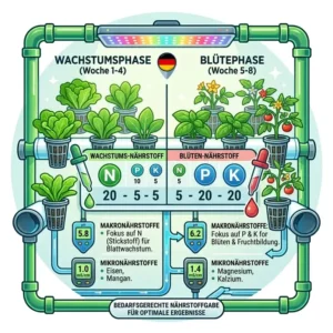 Illustration showing different growth phases within a hydroponik nährstoffplan for leafy greens.