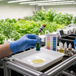 Adding indicator drops to a sample in a hydroponik ph test kit test.