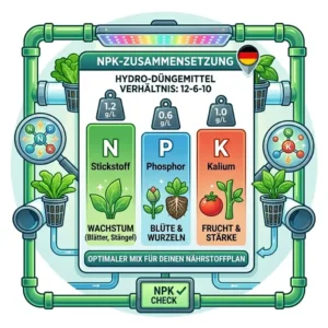Infographic about the ideal NPK nutrient ratio for a balanced hydroponik nährstoffplan.