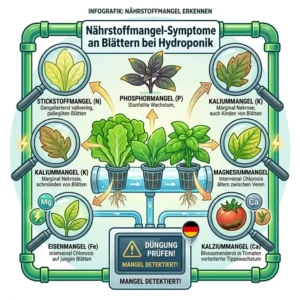 Visual guide to identifying plant deficiency symptoms caused by an incorrect hydroponik nährstoffplan.