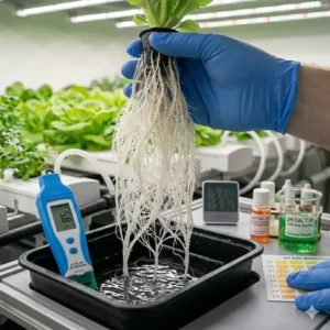 Maintaining healthy plant roots by doing a hydroponik ph test kit test.
