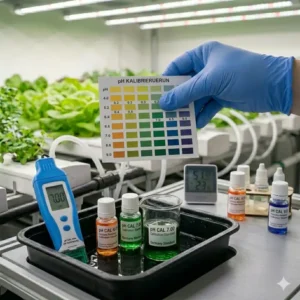Referencing the color scale chart for a hydroponik ph test kit test.