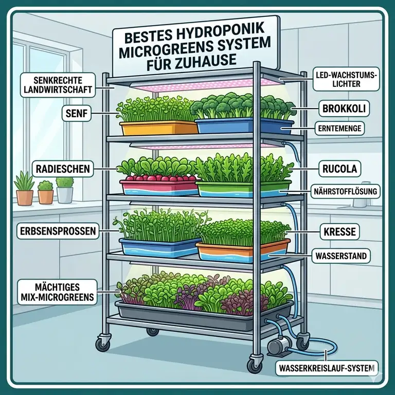 A multi-tier indoor vertical farming shelving unit showcasing a complete hydroponik microgreens system with vibrant green and purple sprouts.