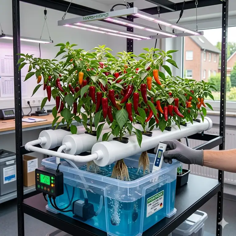 Ein umfassender hydroponik chili system test mit reifen Chilis an den Pflanzen im Indoor-Anbausystem.