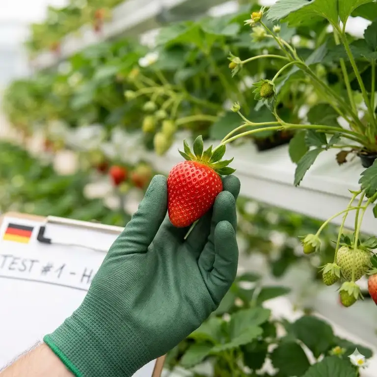 Ein professioneller hydroponik erdbeeren test mit reifen Früchten im vertikalen System.