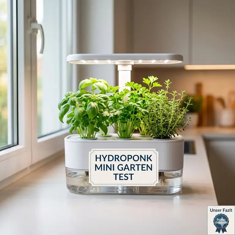 Ein moderner hydroponik mini garten test auf einer hellen Küchentheke mit frischen Kräutern.