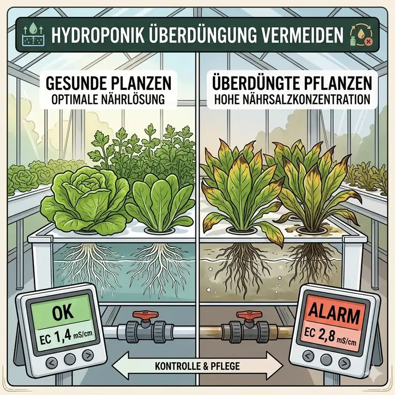 Ein umfassender Ratgeber, wie Sie in der Hydroponik Überdüngung vermeiden und gesunde Pflanzen züchten.