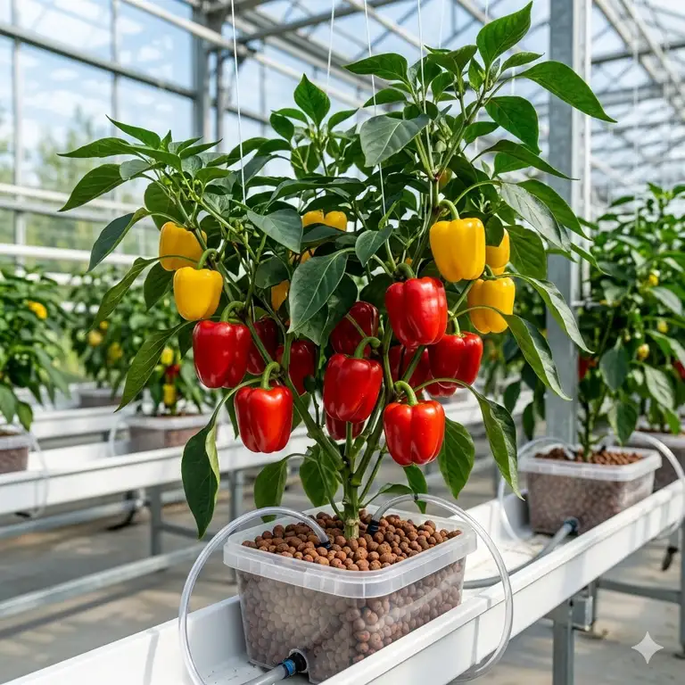 A full-view illustration of a thriving hydroponik paprika system inside a clean modern greenhouse.