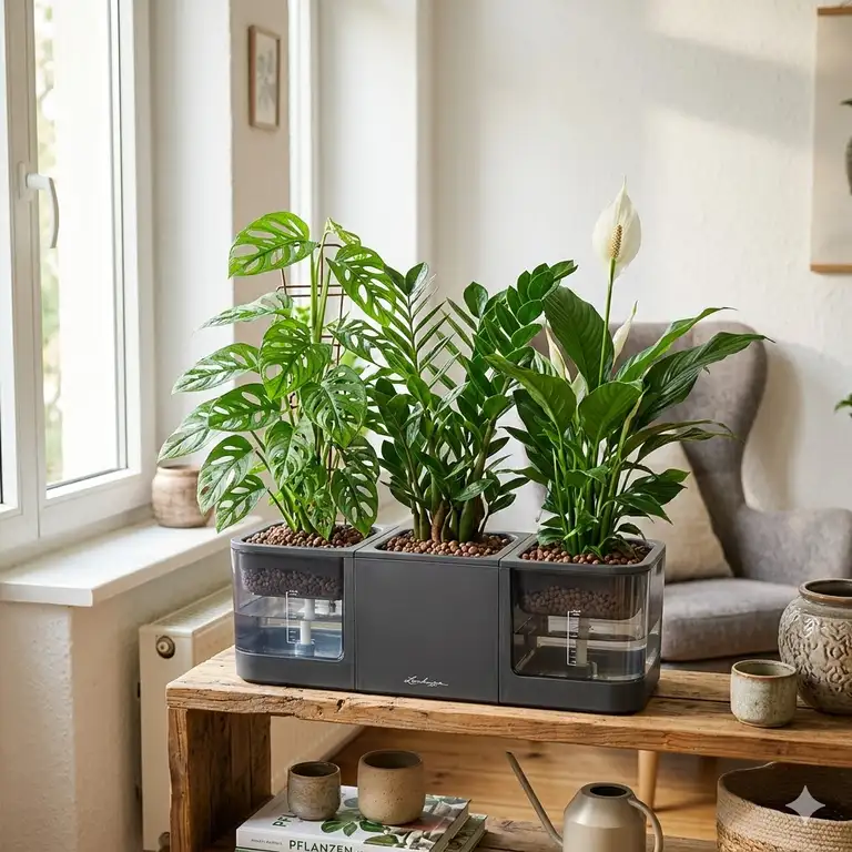 Ein modernes hydroponik zimmerpflanzen system in einem hellen Wohnzimmer.