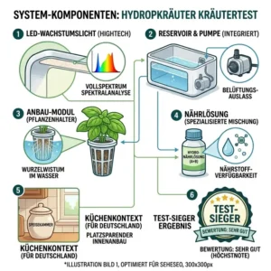 Detaillierte Übersicht der Einzelteile im hydroponik kräuter system test.