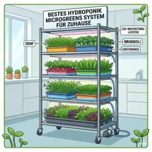 Infographic diagram displaying the essential components of a home hydroponik microgreens system including grow trays, reservoir, and LED lights.