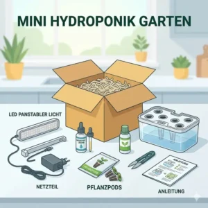 Der komplette Lieferumfang im praktischen hydroponik mini garten test inklusive Zubehör.