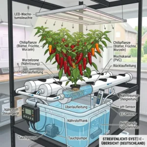 Infografik zum Aufbau im hydroponik chili system test mit Wassertank, Netztöpfen und Pumpe.