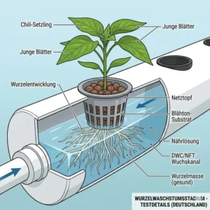 Illustration gesunder Chili-Wurzeln im Netztopf während des hydroponik chili system test