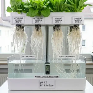 Nahaufnahme der gesunden Wurzelentwicklung während des hydroponik salat system test im Labor-Setting.