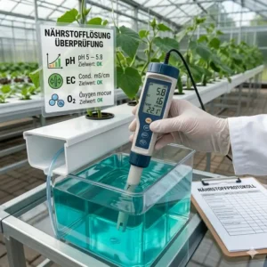 Überprüfung der Nährstofflösung im hydroponischen Gurken Test