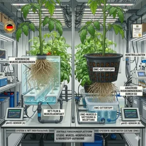 Überprüfung der Wurzelentwicklung während dem hydroponik tomaten system test.