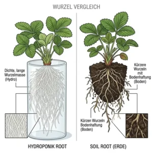 Vergleich der Wurzeln beim hydroponik erdbeeren test gegenüber Erdanbau.