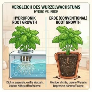Vergleich von Wurzelwachstum und Effizienz im hydroponik kräuter system test.
