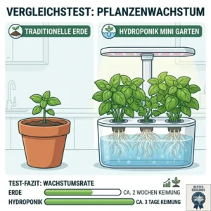 Das sichtbare Pflanzenwachstum nach zwei Wochen im hydroponik mini garten test Vergleich.