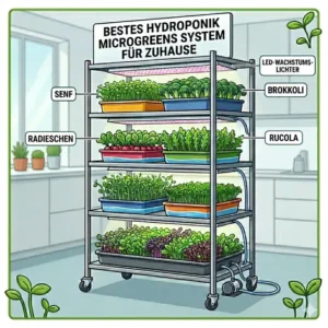 Energy-efficient full-spectrum LED grow lights positioned closely above a thriving hydroponik microgreens system tray.