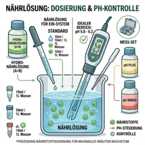 Die richtige Dosierung der Nährlösung im hydroponik kräuter system test.