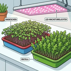Healthy white roots growing through a mesh tray down into the water reservoir of a passive hydroponik microgreens system.