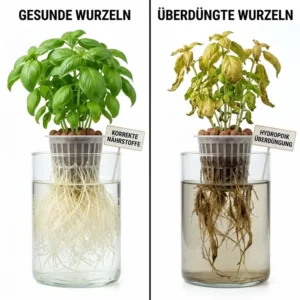 Gesunde vs. kranke Wurzeln im Vergleich – so können Sie in der Hydroponik Überdüngung vermeiden.