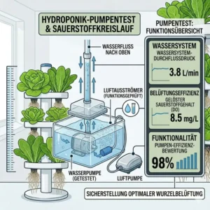 Überprüfung der Pumpenleistung und des Wasserkreislaufs beim hydroponik salat system test.