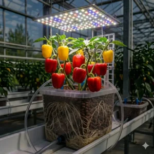 A setup using professional LED grow lights for an indoor hydroponik paprika system.