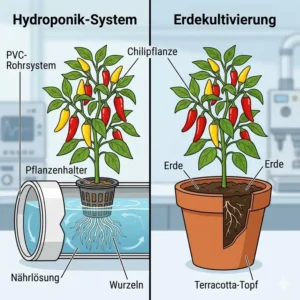 Vergleich von Wachstum und Ertrag zwischen Erde und dem hydroponik chili system test.